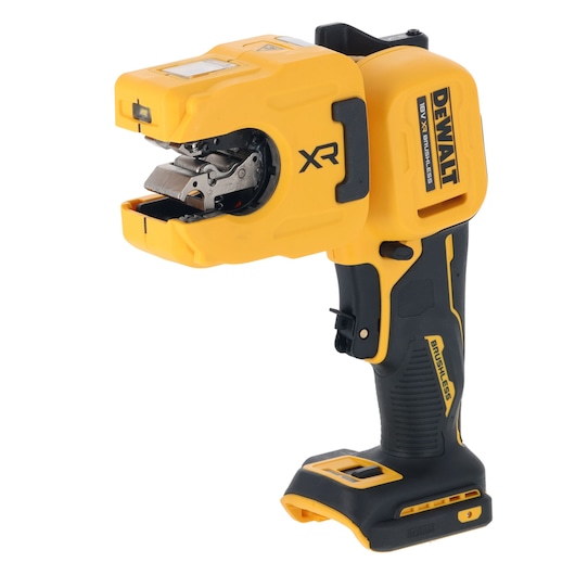 DEWALT cordless cable cutter with yellow and black design, featuring a brushless motor and ergonomic grip. The cutter head is open, displaying internal cutting components.