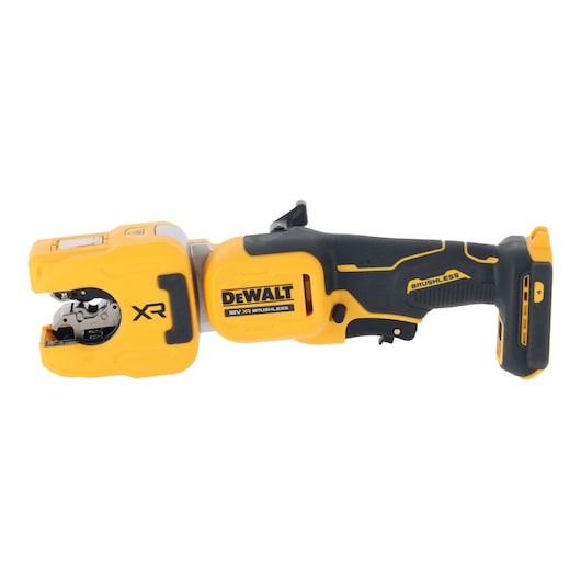 A DEWALT DCE154N 18V XR brushless cordless crimping tool, designed for professional electrical applications, featuring a yellow and black ergonomic handle and robust crimping head.