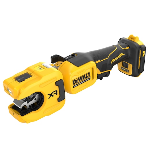 A DEWALT 18V XR Brushless cordless cable cutter tool with a yellow and black design, model DCE154N. The tool features an ergonomic handle, a visible blade section for cutting, and an area for an 18V battery attachment at the end.