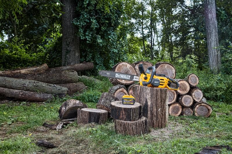 Uma motosserra sem fio DEWALT e uma bateria estão posicionadas sobre tocos de árvore cortados ao ar livre, com troncos empilhados e árvores ao fundo.